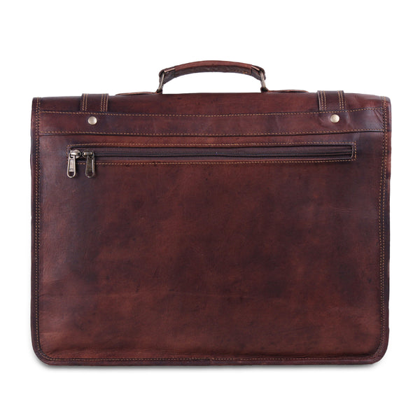 Posterior View of Leather Messenger Briefcase Bag with Top Handle