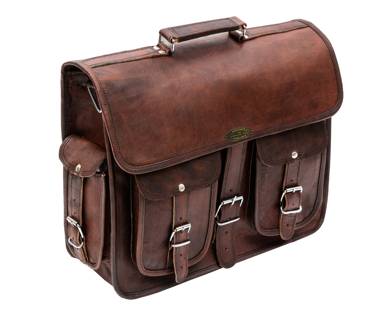 Top Handle Leather Laptop Messenger Bag Brown