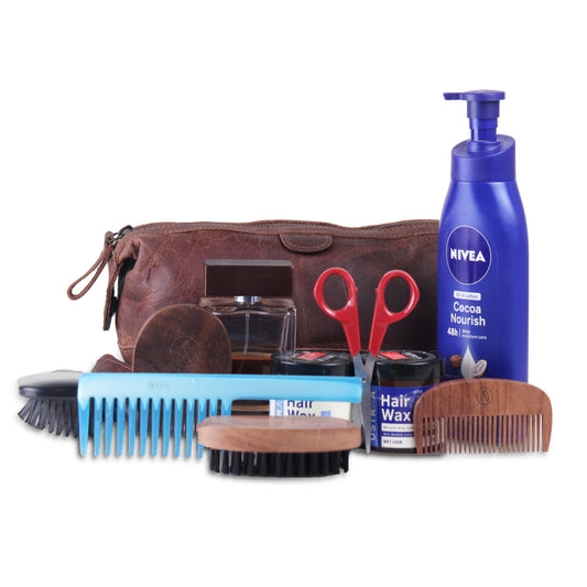 Brown Leather Toiletry Bag with Zipper