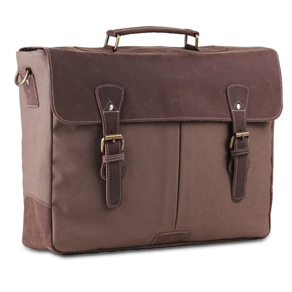 3 D View of Unisex Dark Brown Canvas Leather Messenger Briefcase Bag