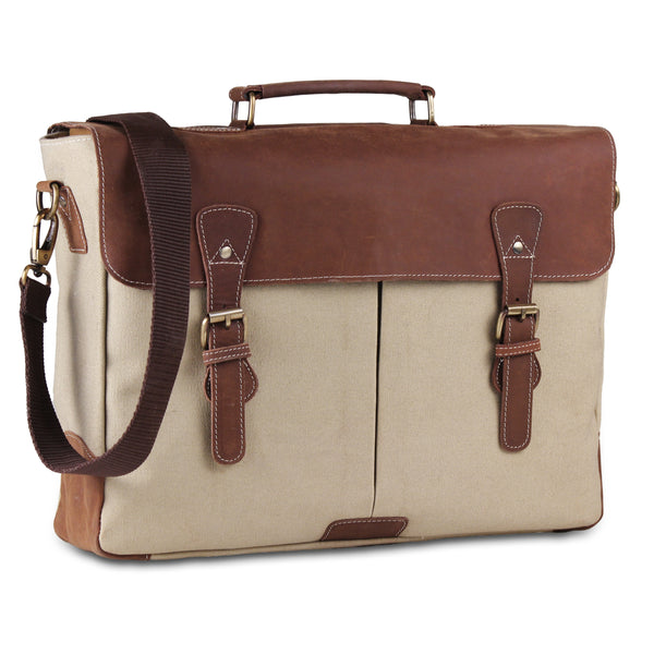 Genuine Canvas Leather Cream Messenger Laptop15.6 inch Bag 