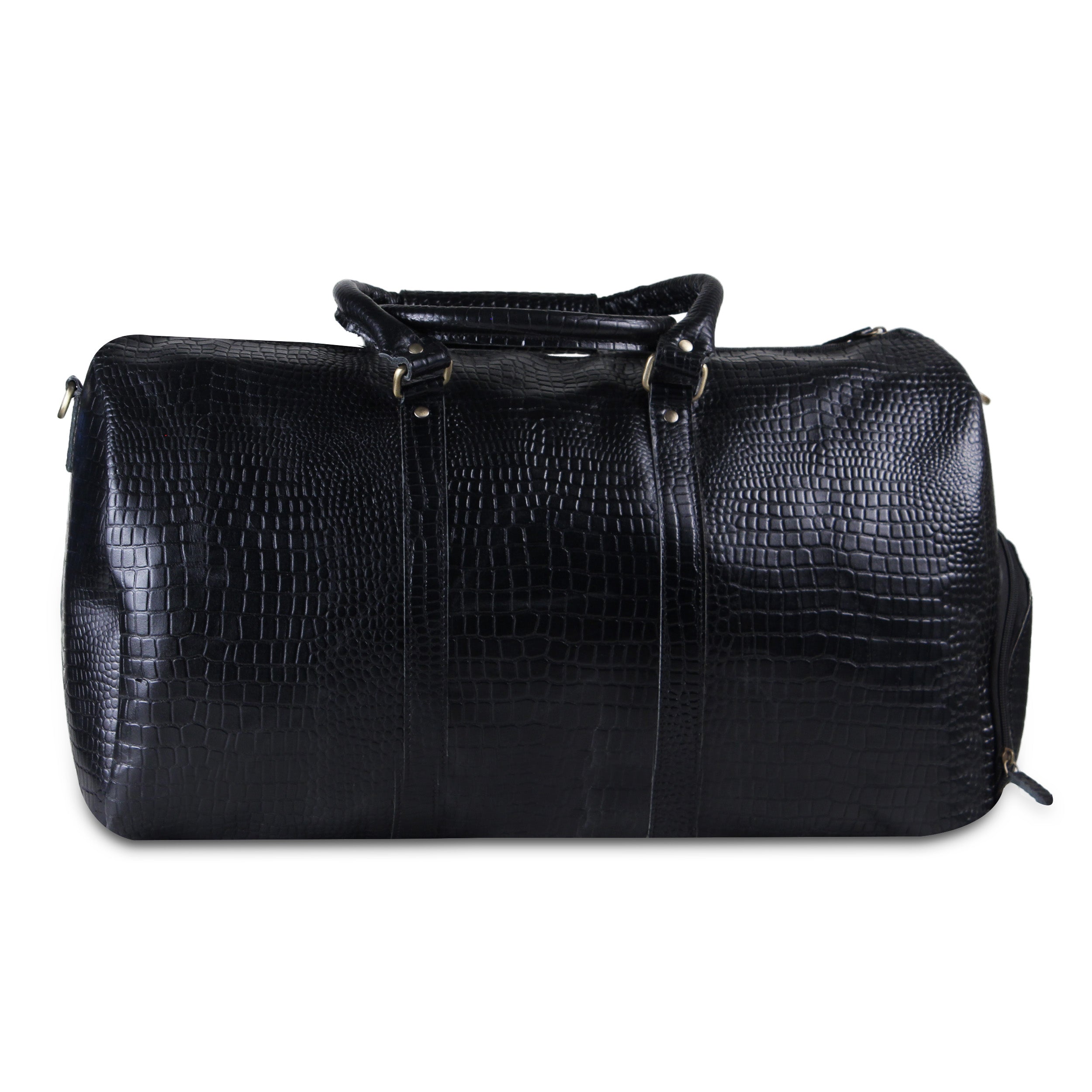 Genuine Black Leather Weekender Duffle Bag with High Quality Zippers