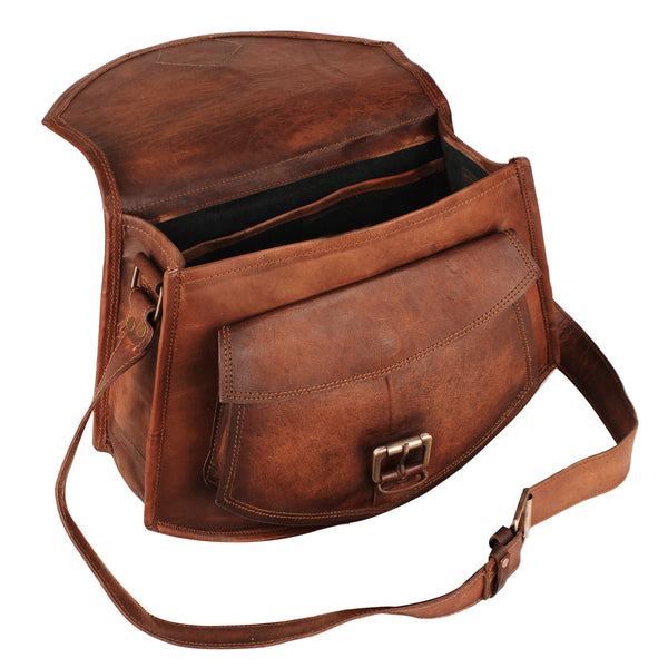 Open View of Full Grain Leather Satchel Women's Bag with Adjustable Strap