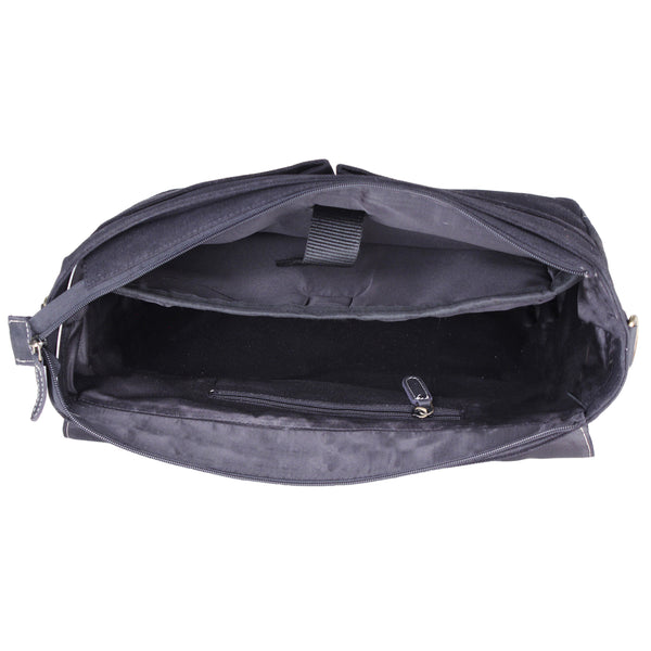 Front Open View of Black Leather Messenger Satchel Bag