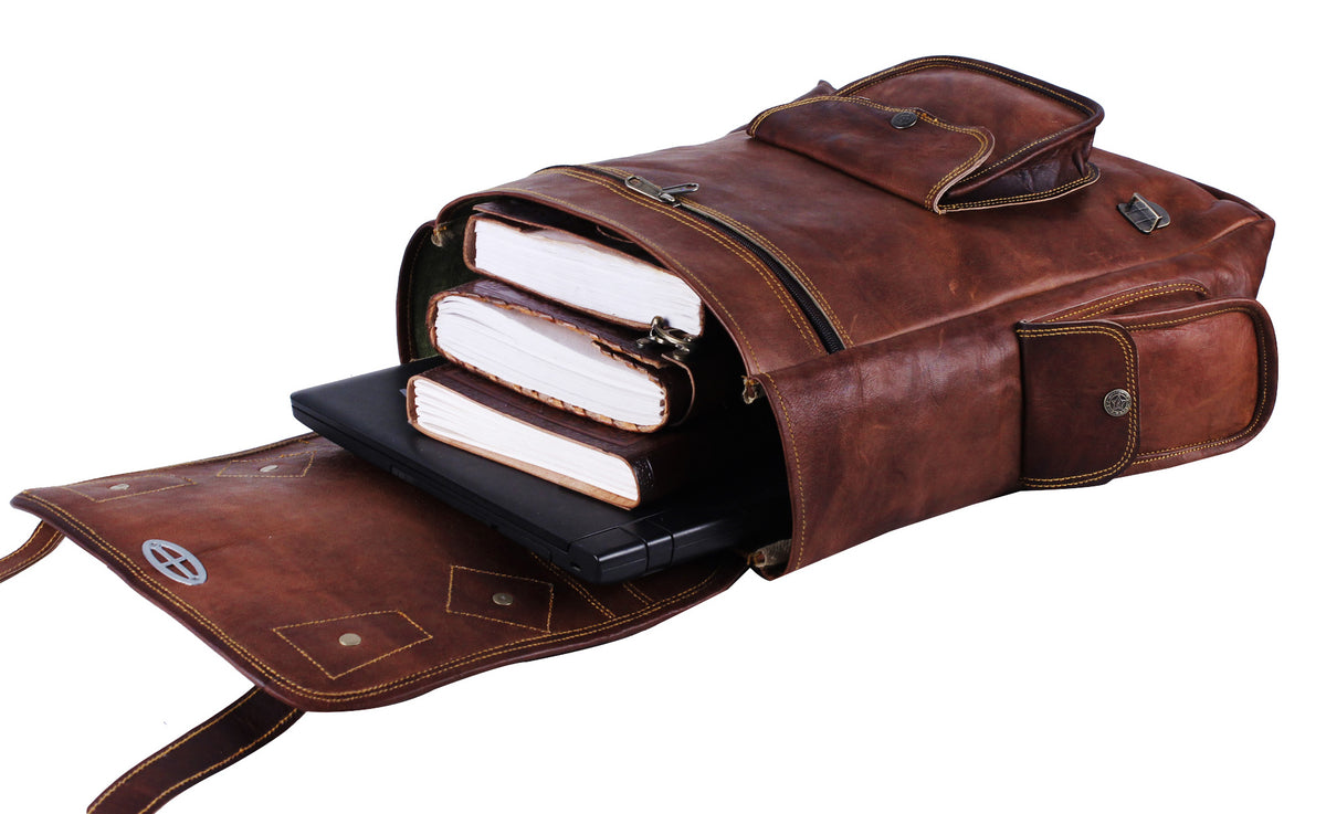 Open View of Large Leather Messenger Backpack Brown