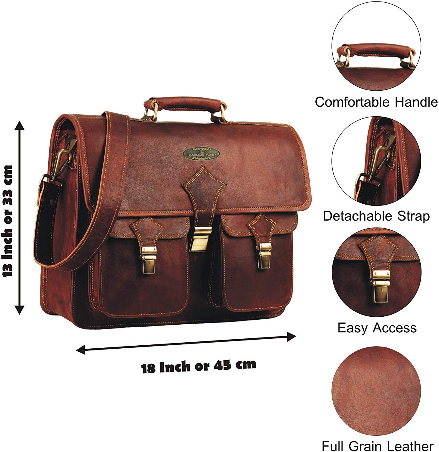 Features Of Genuine Leather Top Handle Messenger Briefcase Laptop Bag with Adjustable Strap and Push Lock