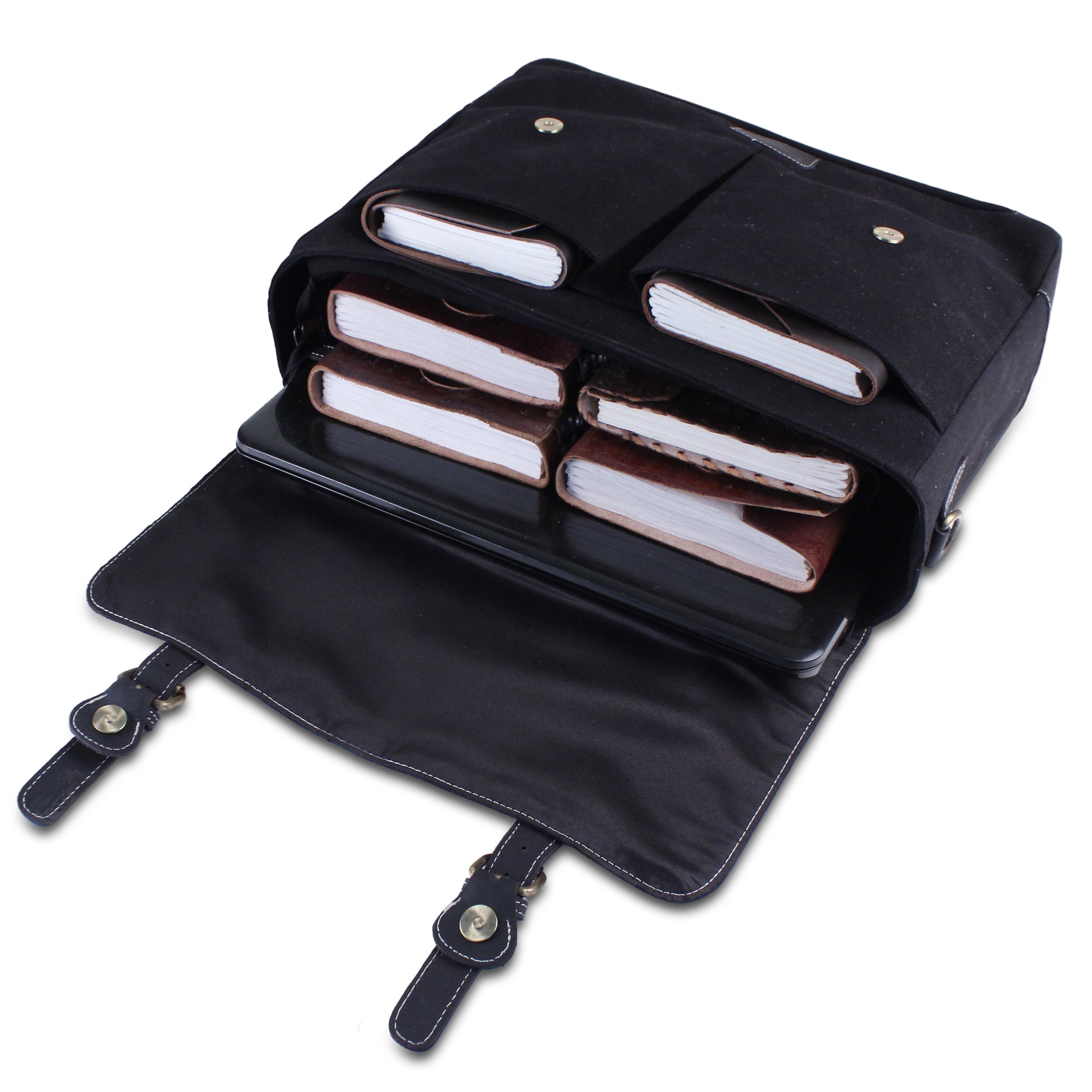 Open View Of Black Canvas Leather Messenger Laptop Bag with Adjustable Strap