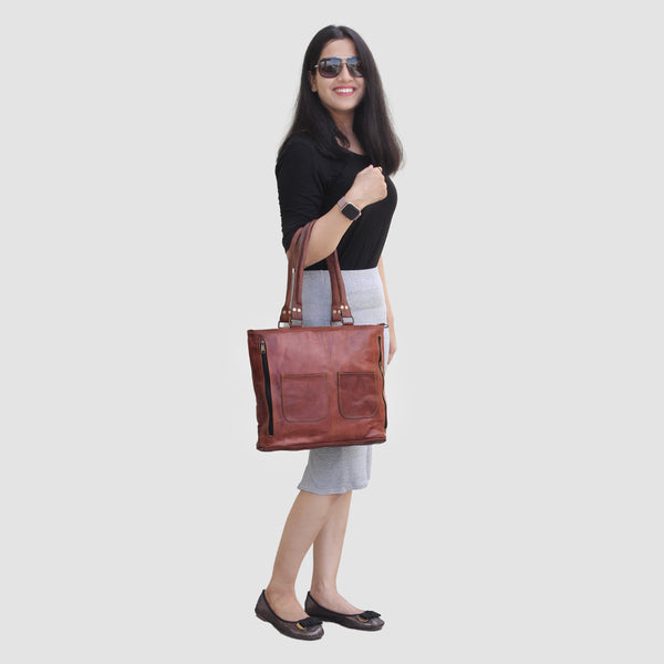 Model With Large Women's Tote Handbag Purse