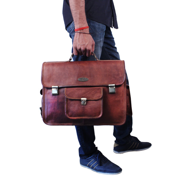 Model with Full Grain Leather Messenger Bag with Quality Push Lock and Adjustable Strap