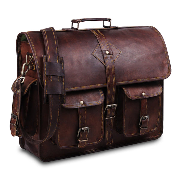 Full Grain Leather Messenger Briefcase Bag with Top Handle