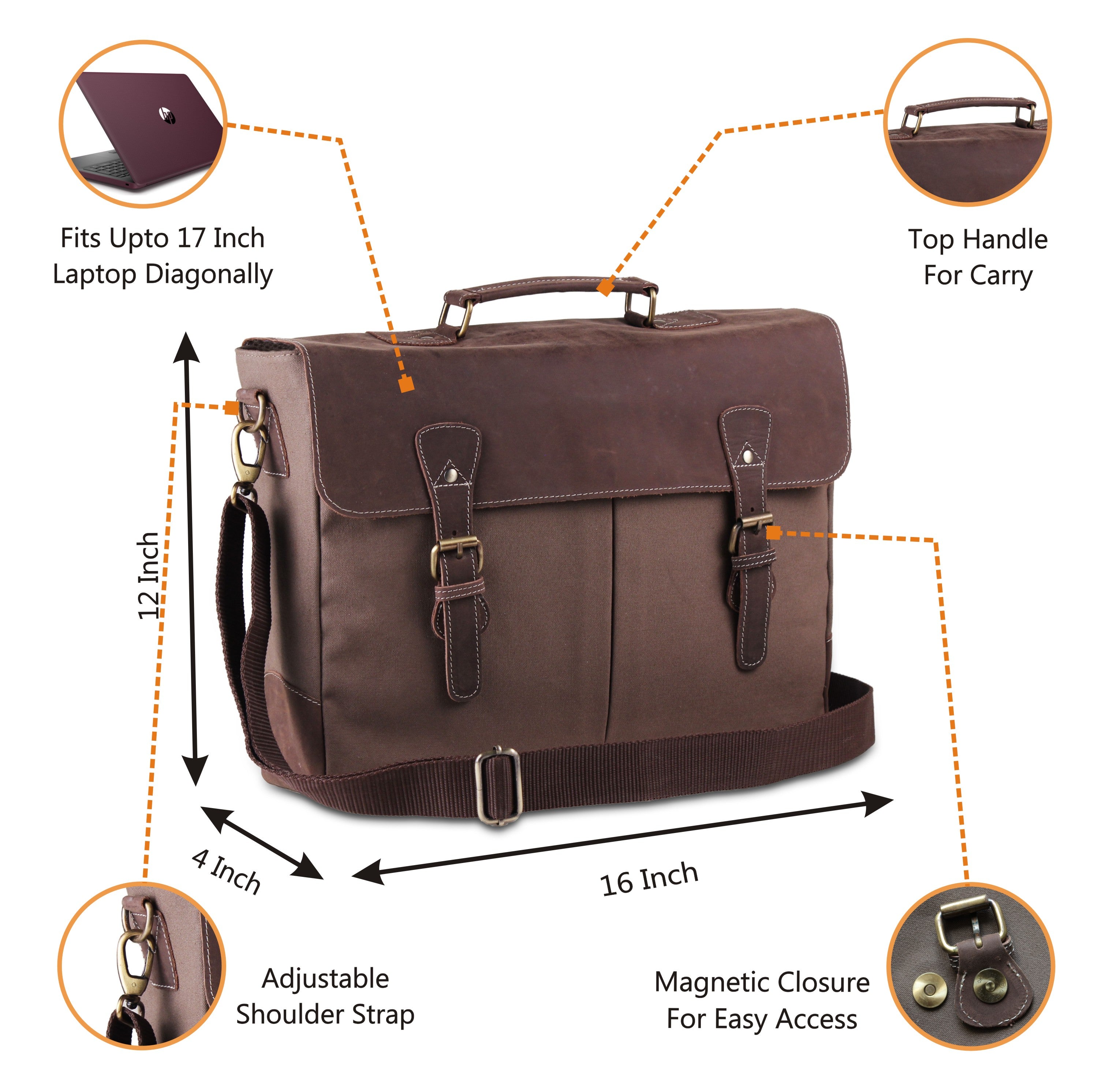 Features of Dark Brown Canvas Leather Messenger Bag with Top Handle and Adjustable Strap