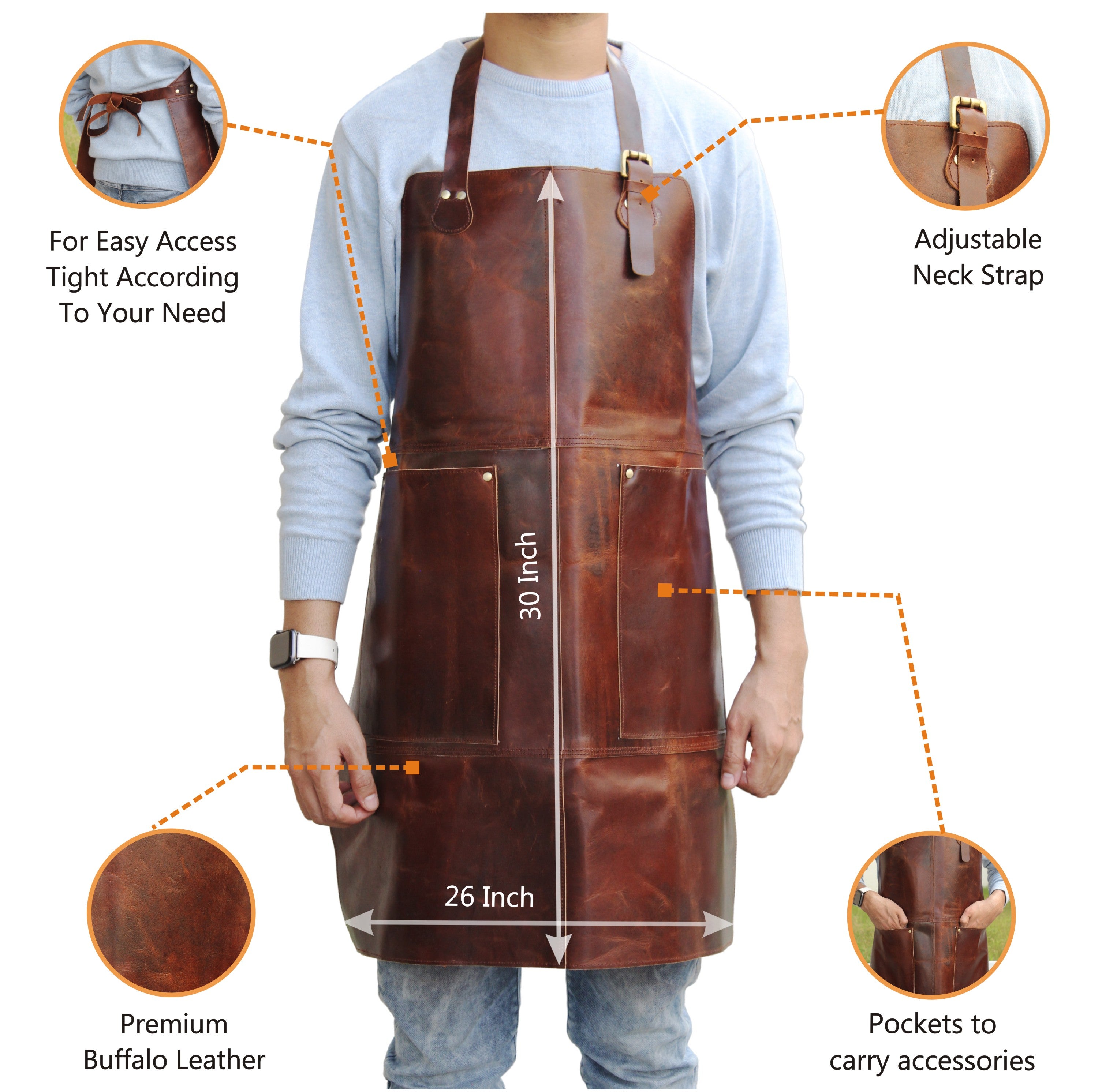 Features of Genuine Full Grain Brown Leather Work Apron