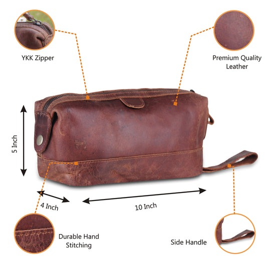 Brown Leather Toiletry Bag for Men Women 