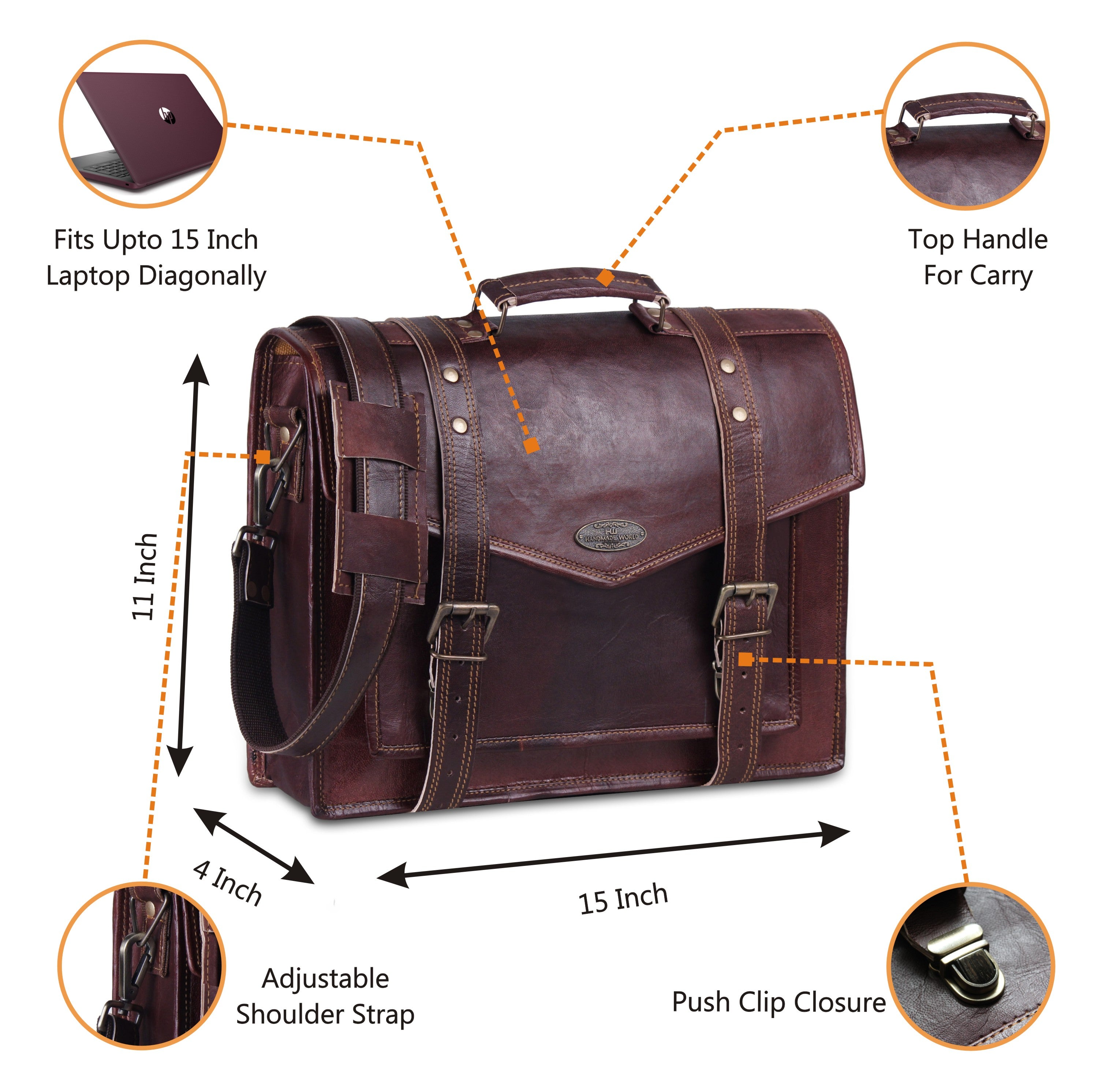 Features of Large Leather Messenger Bag with Push Lock and Top Handle