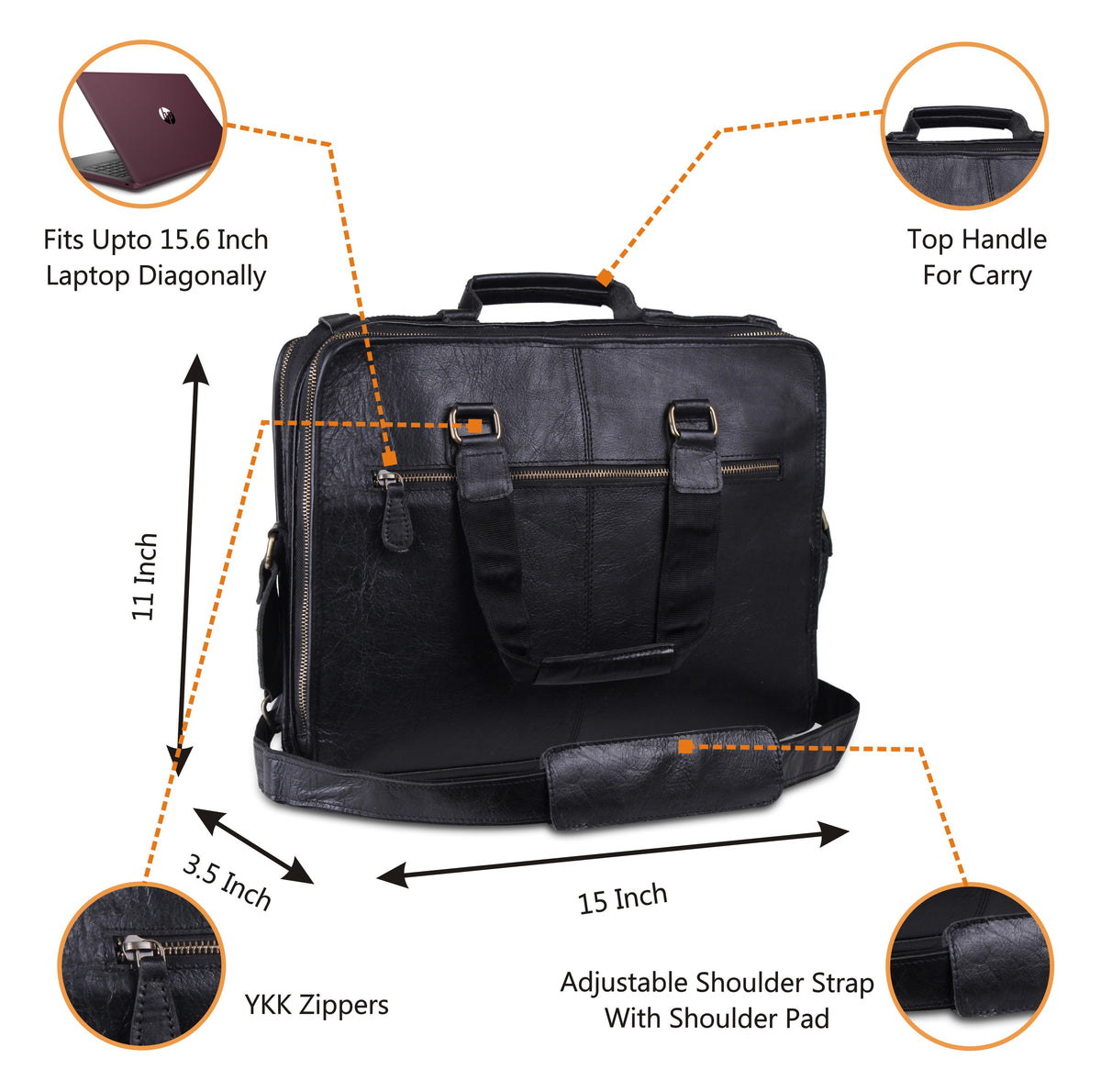Features of Genuine Leather Full Grain Genuine Black Leather Briefcase Messenger Bag