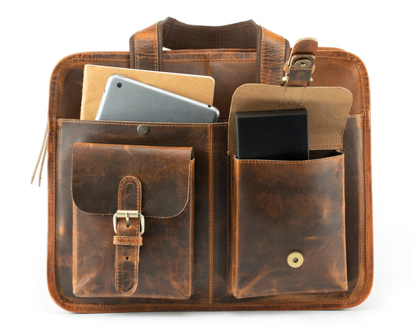 Front View of the Briefcase with two pockets with magnetic closure and a front slip in pocket