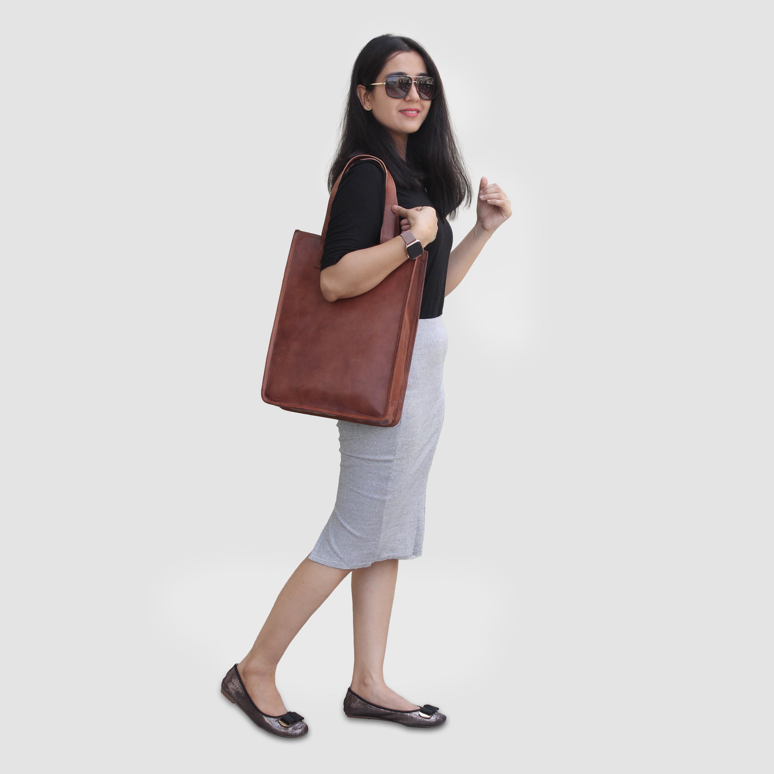 Model with Leather Top handle Tote Bag for Women 