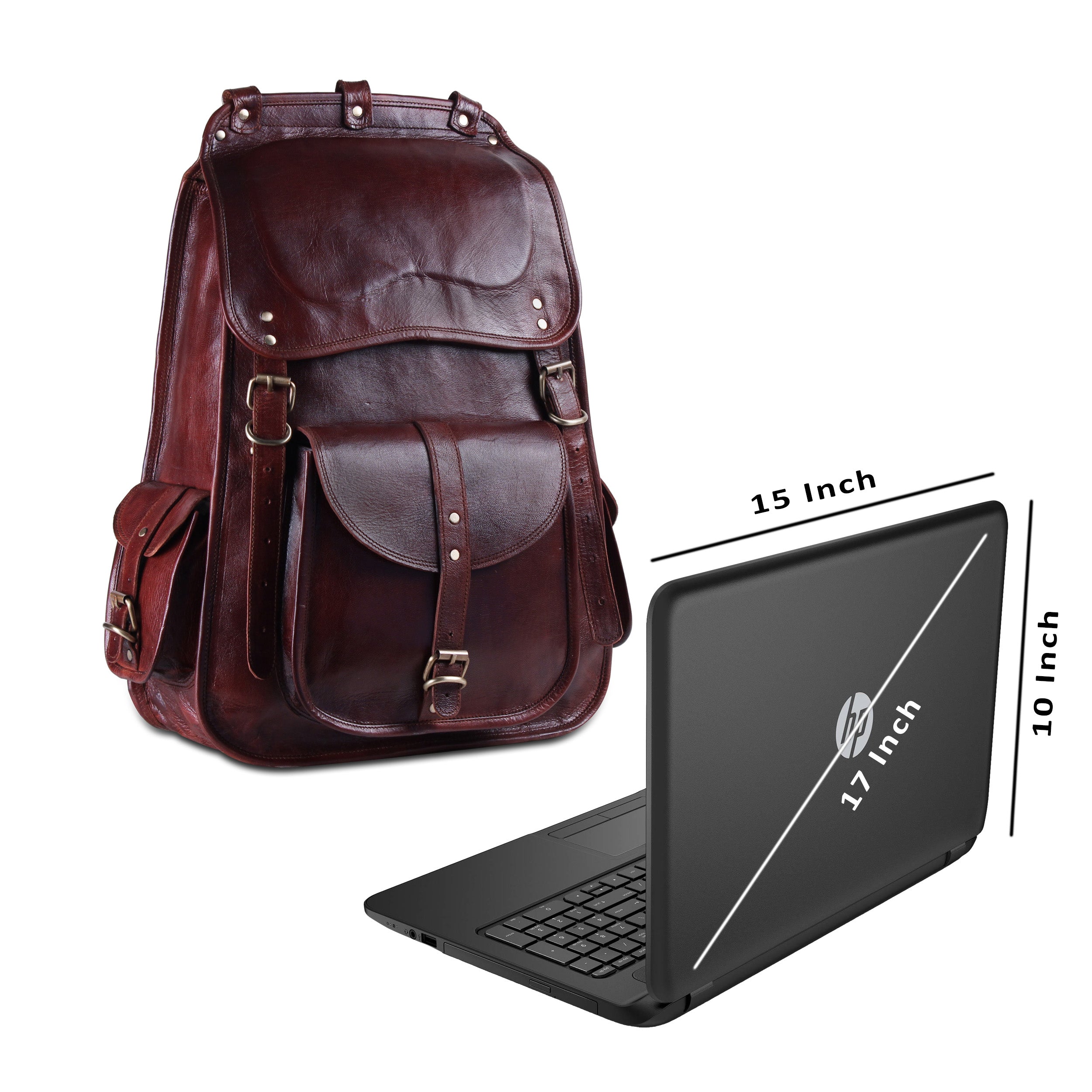 showing the maximum size of the laptop which is 18 inch that can be fit inside the leather backpack