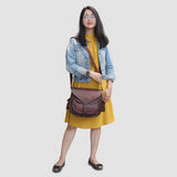 Model with Brown Leather Women's Tote Satchel Bag