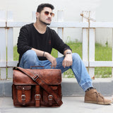 Model with Leather Messenger Briefcase Bag 