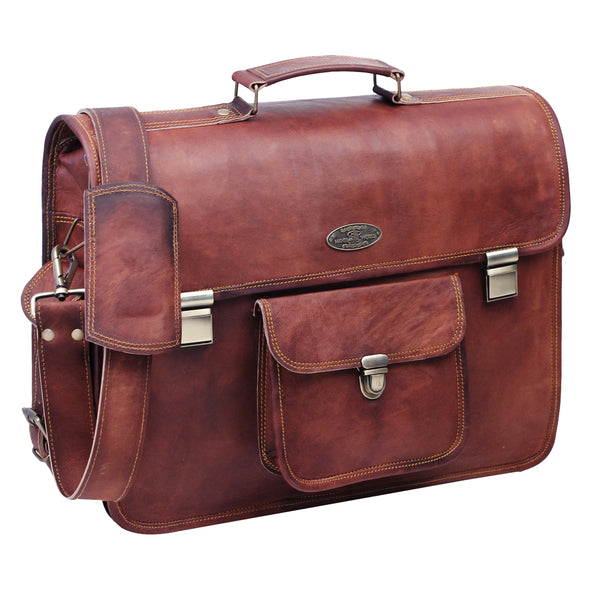 Genuine Full Brain Brown Leather Messenger Briefcase Bag with Push Lock