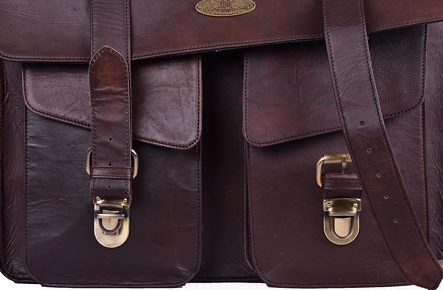 Front Pockets of Leather Messenger Shoulder Bag with Push Lock
