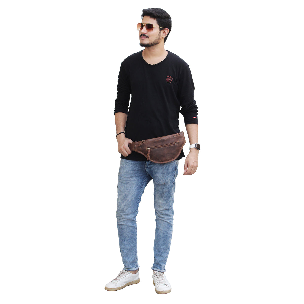 Model with Full Grain Brown Leather Bag