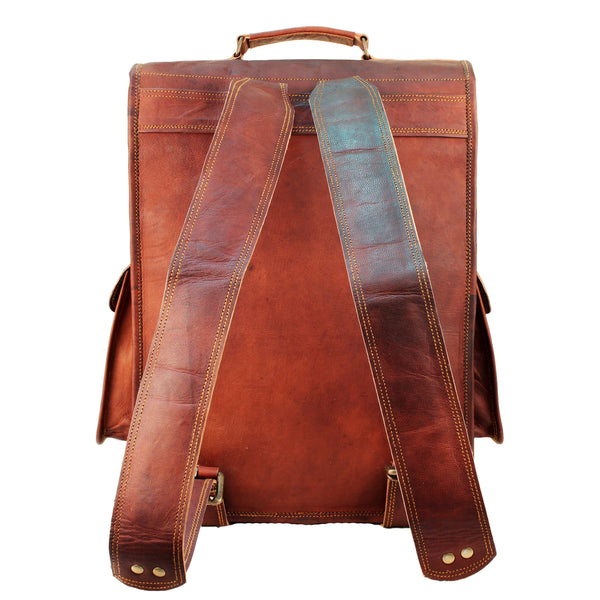 Posterior View of Leather Messenger Backpack Bag 
