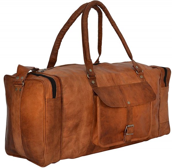 Genuine Leather Full Grain Brown Leather Weekender Duffle Bag 