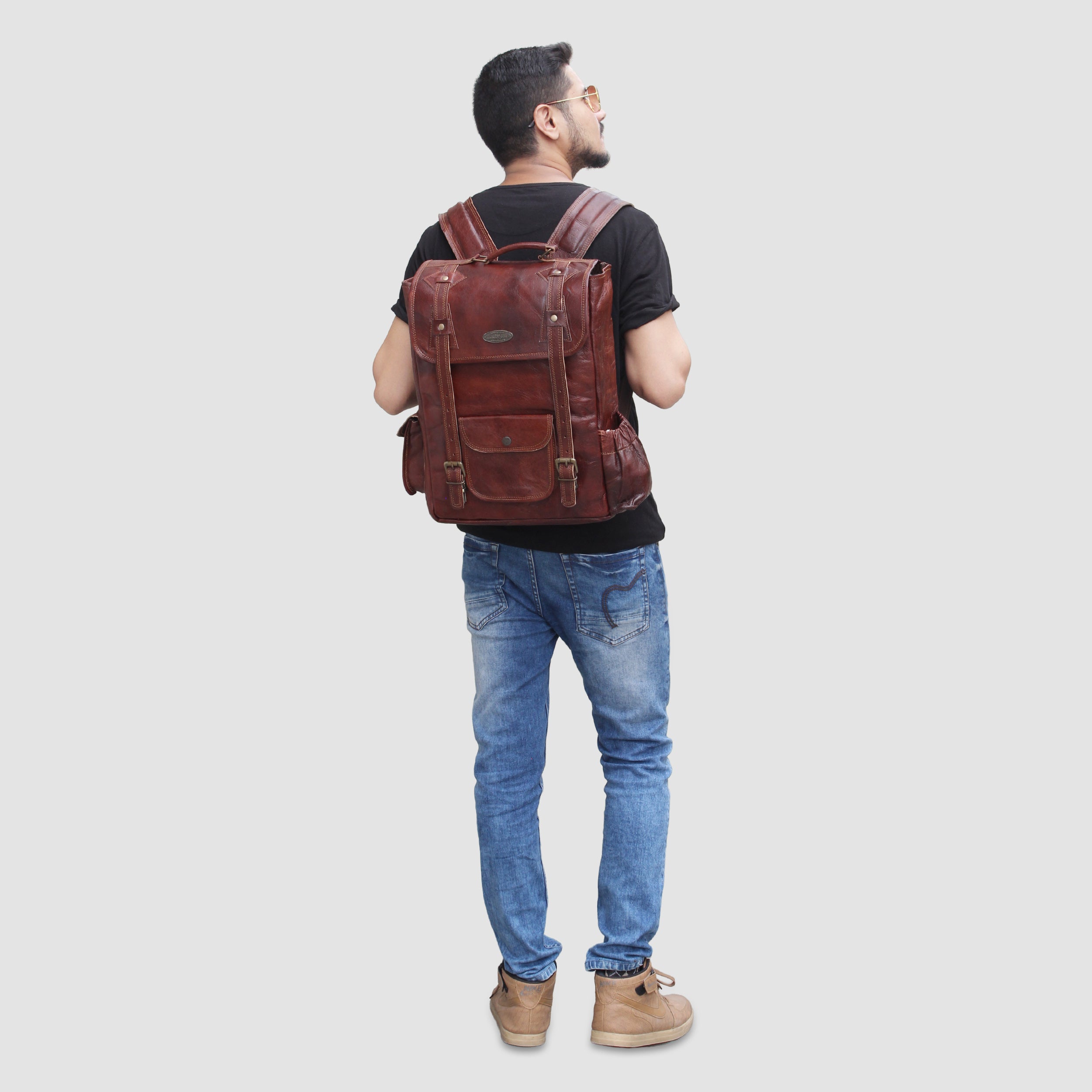 Back View Of Model with Genuine Leather Backpack Bag