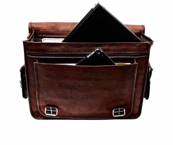 Open View of Leather Messenger Laptop Padded Bag with Top Handle
