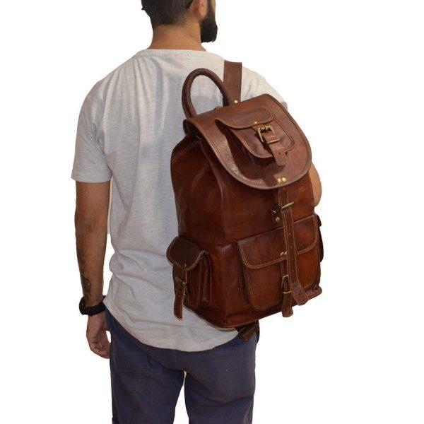 Model with Genuine Brown Leather Travel Casual Backpack with Shoulder Strap
